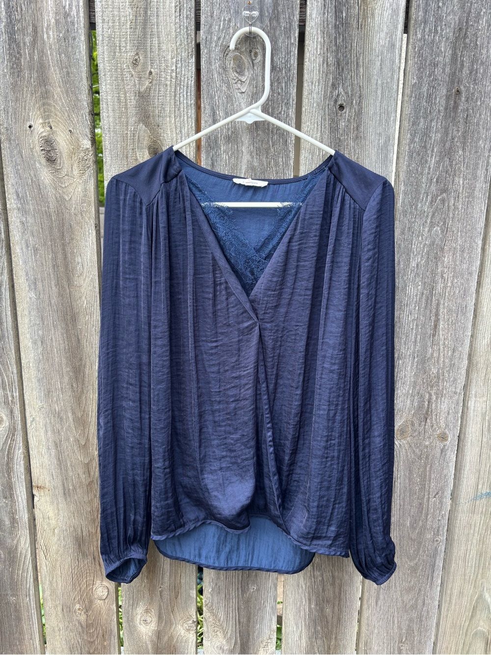 Maurices Navy V-Neck with Lace Long Sleeve Draped Blouse